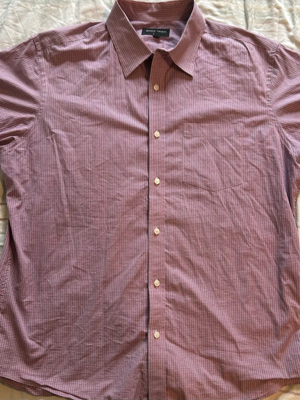 Banana Republic Men's Red/Blue Micro-Check Short Sleeve Button-Down Shirt EUC XL